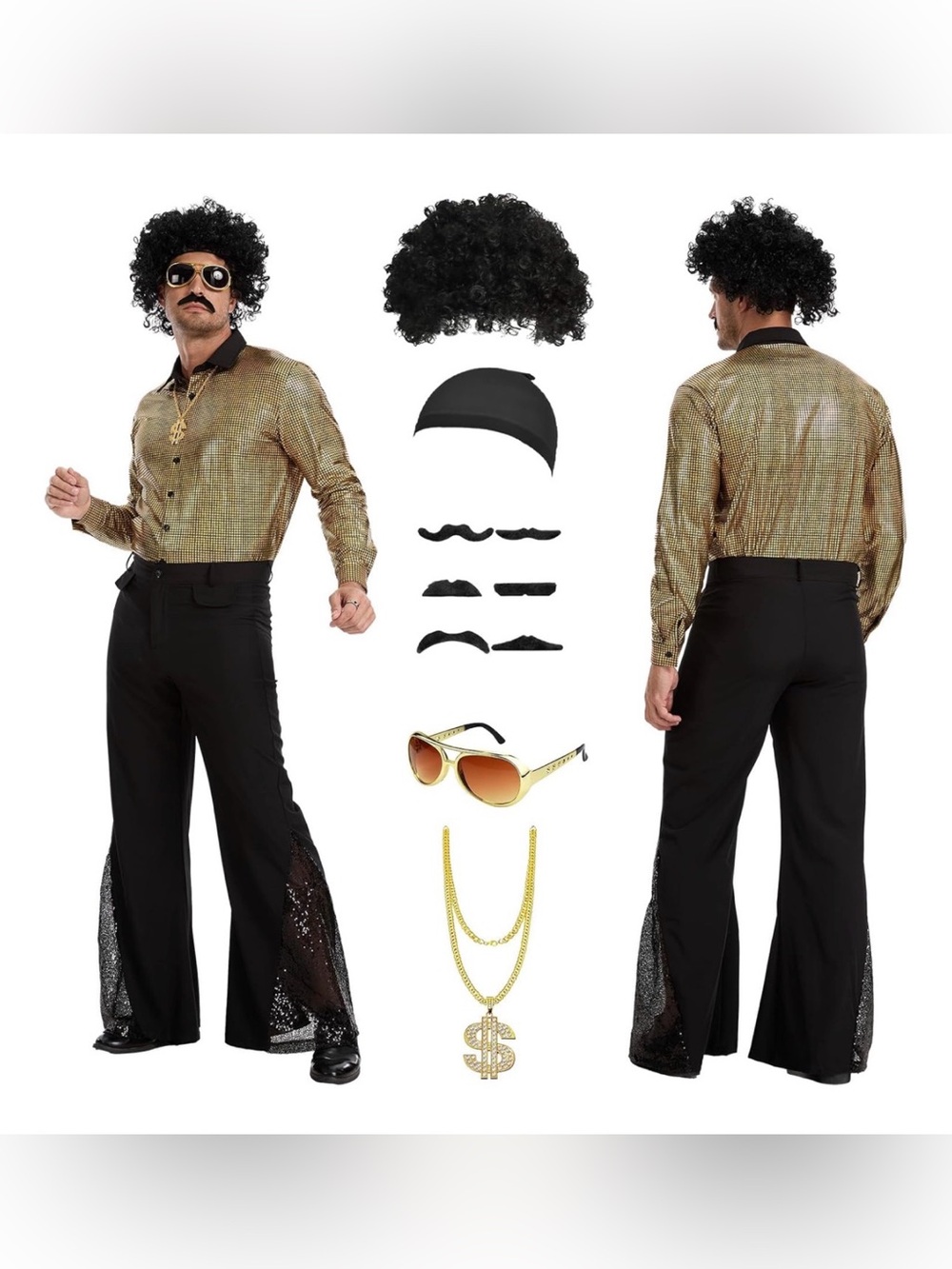 NWT 70s Disco Costume for Men 6 Pcs, Retro Bell Bottom Outfit for Halloween 2XL